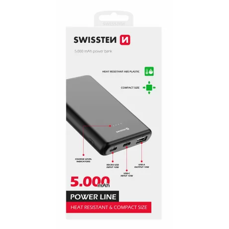 Swissten Power Line Power Bank 5000 mAh 10W Negru