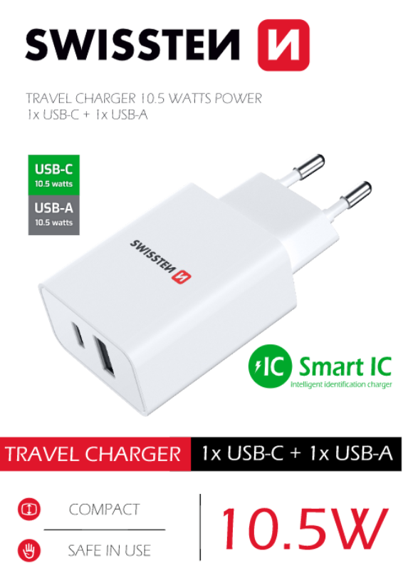 Swissten Travel Adapter 1x USB-C + 1X USB 2.1A 10.5W Alb thumb