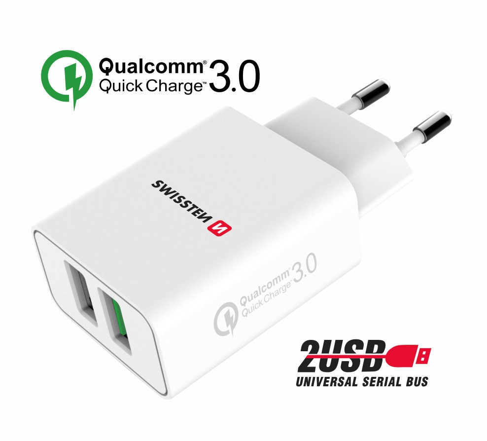 Swissten Travel Adapter 2x USB QC 3.0 + USB, 23W Alb thumb