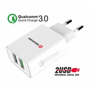 Swissten Travel Adapter 2x USB QC 3.0 + USB, 23W Alb