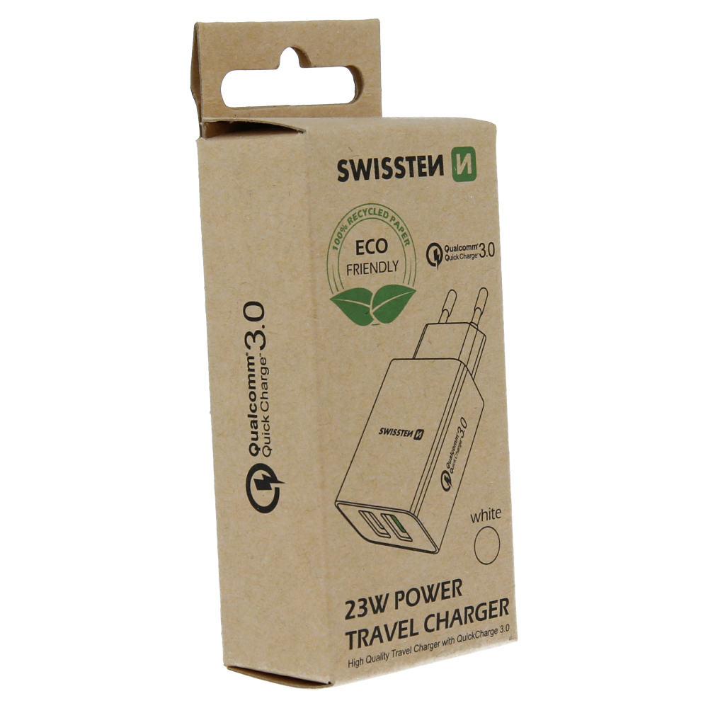 Swissten Travel Adapter 2X USB QC 3.0 + USB, 23W Alb (pachet Eco) thumb