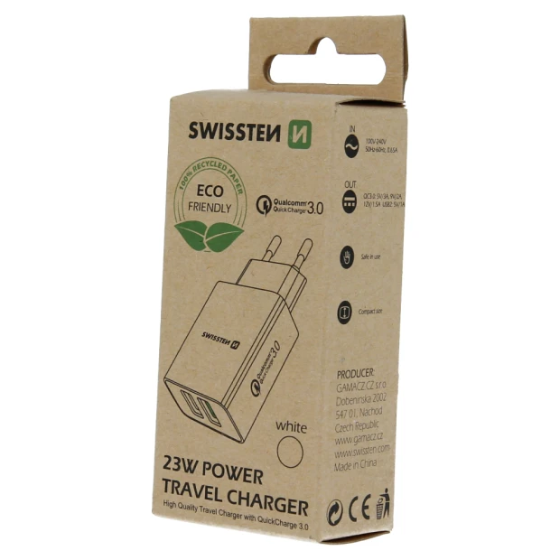 Swissten Travel Adapter 2X USB QC 3.0 + USB, 23W Alb (pachet Eco)