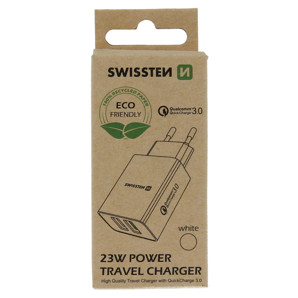 Swissten Travel Adapter 2X USB QC 3.0 + USB, 23W Alb (pachet Eco) thumb