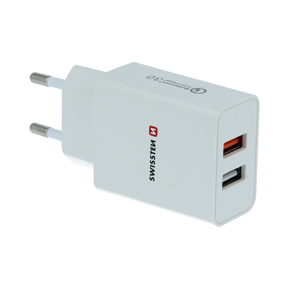 Swissten Travel Adapter 2X USB QC 3.0 + USB, 23W Alb (pachet Eco) thumb