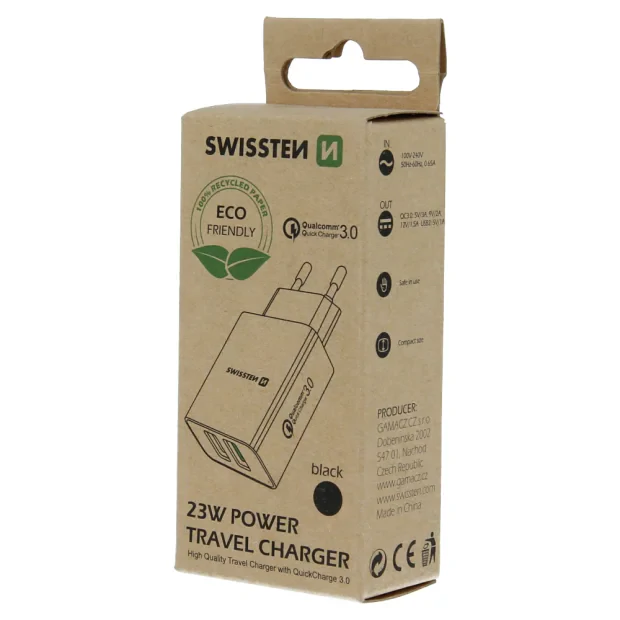 Swissten Travel Adapter 2x USB QC 3.0 + USB, 23W Negru (pachet Eco)