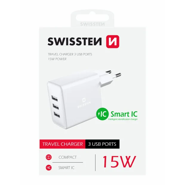 Swissten Travel Adapter 3x USB 3A 15W Alb