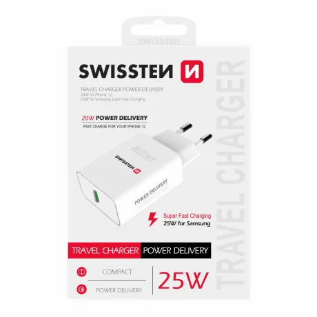 Swissten Travel Adapter PD 25W PRO iPhone si Samsung Alb