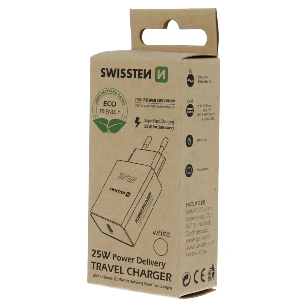 Swissten Travel Adapter PD 25W PRO iPhone si Samsung Alb (pachet eco)