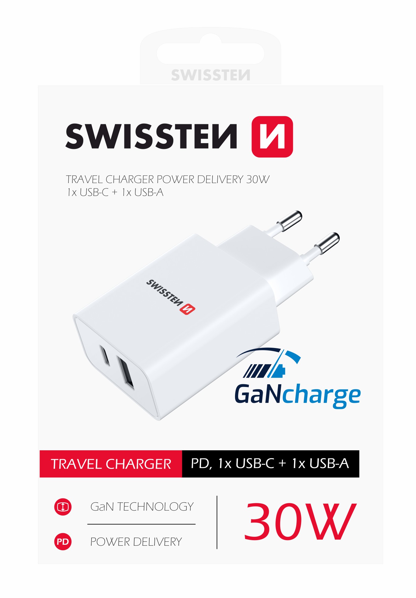 Swissten Travel Adapter Power Putere 30W 1x USB-C + 1X USB Alb thumb