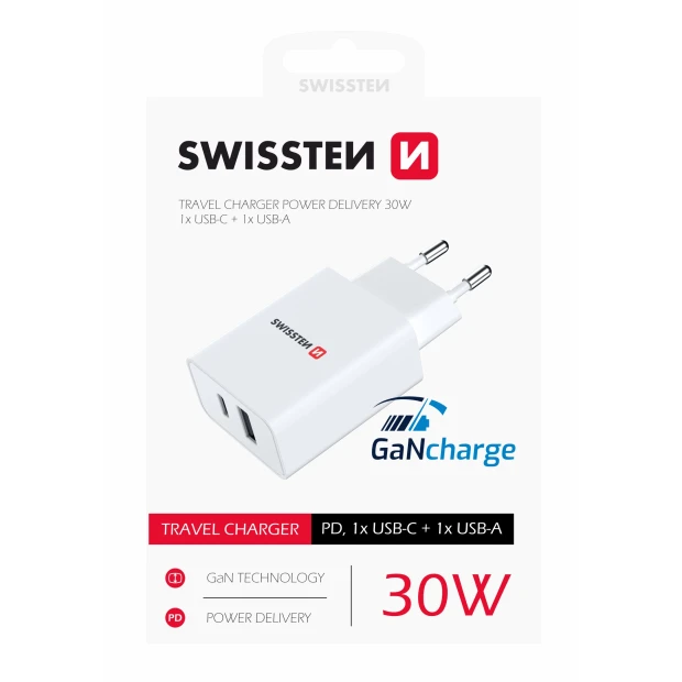 Swissten Travel Adapter Power Putere 30W 1x USB-C + 1X USB Alb