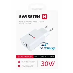 Swissten Travel Adapter Power Putere 30W 1x USB-C + 1X USB Alb