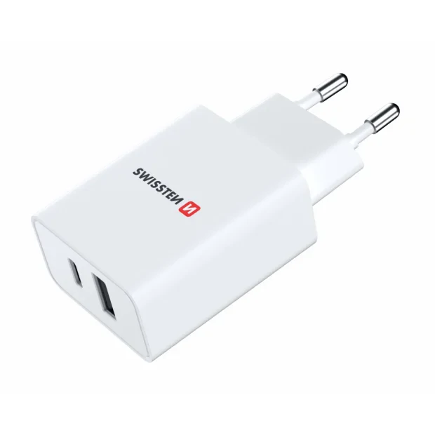 Swissten Travel Adapter Power Putere 30W 1x USB-C + 1X USB Alb