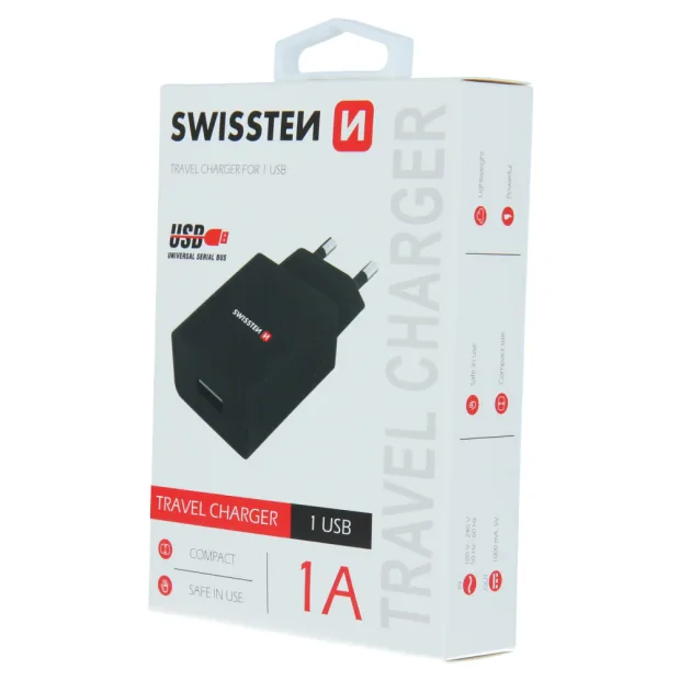 Swissten Travel Adapter Smart IC 1X USB 1A Power Negru