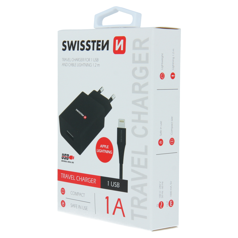 Swissten Travel Adapter Smart IC 1X USB 1A Power + Cablu de date USB / Lightning 1,2 M Negru thumb