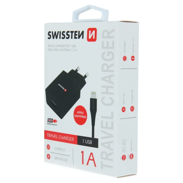 Swissten Travel Adapter Smart IC 1X USB 1A Power + Cablu de date USB / Lightning 1,2 M Negru