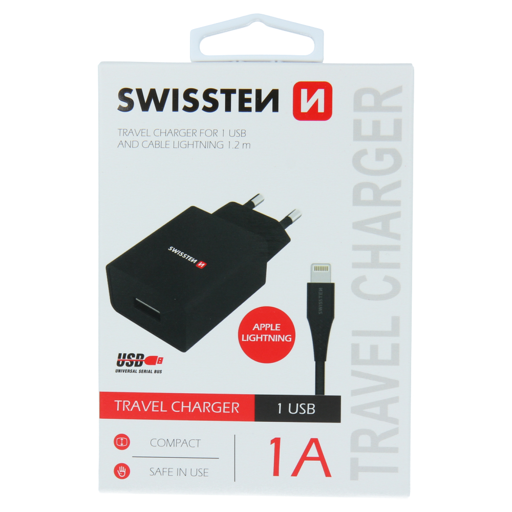 Swissten Travel Adapter Smart IC 1X USB 1A Power + Cablu de date USB / Lightning 1,2 M Negru thumb