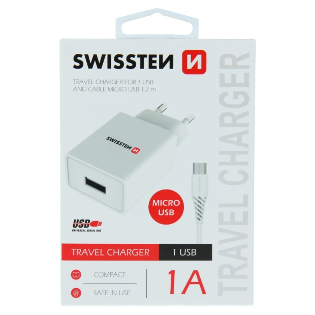 Swissten Travel Adapter Smart IC 1X USB 1A Power + Cablu de date USB / Micro USB 1,2 M Alb