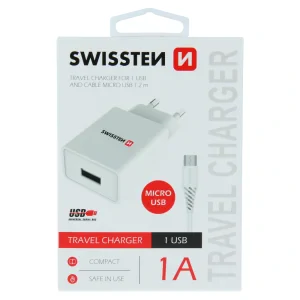 Swissten Travel Adapter Smart IC 1X USB 1A Power + Cablu de date USB / Micro USB 1,2 M Alb
