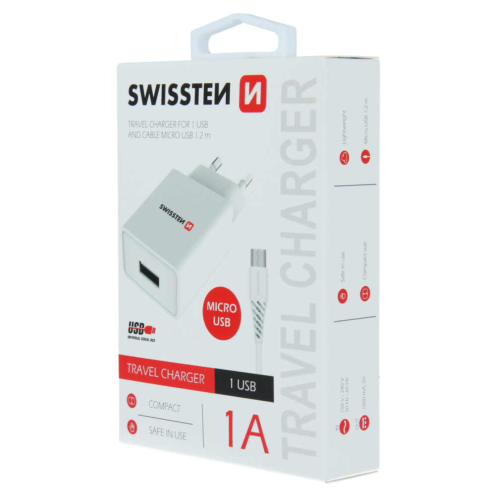 Swissten Travel Adapter Smart IC 1X USB 1A Power + Cablu de date USB / Micro USB 1,2 M Alb thumb
