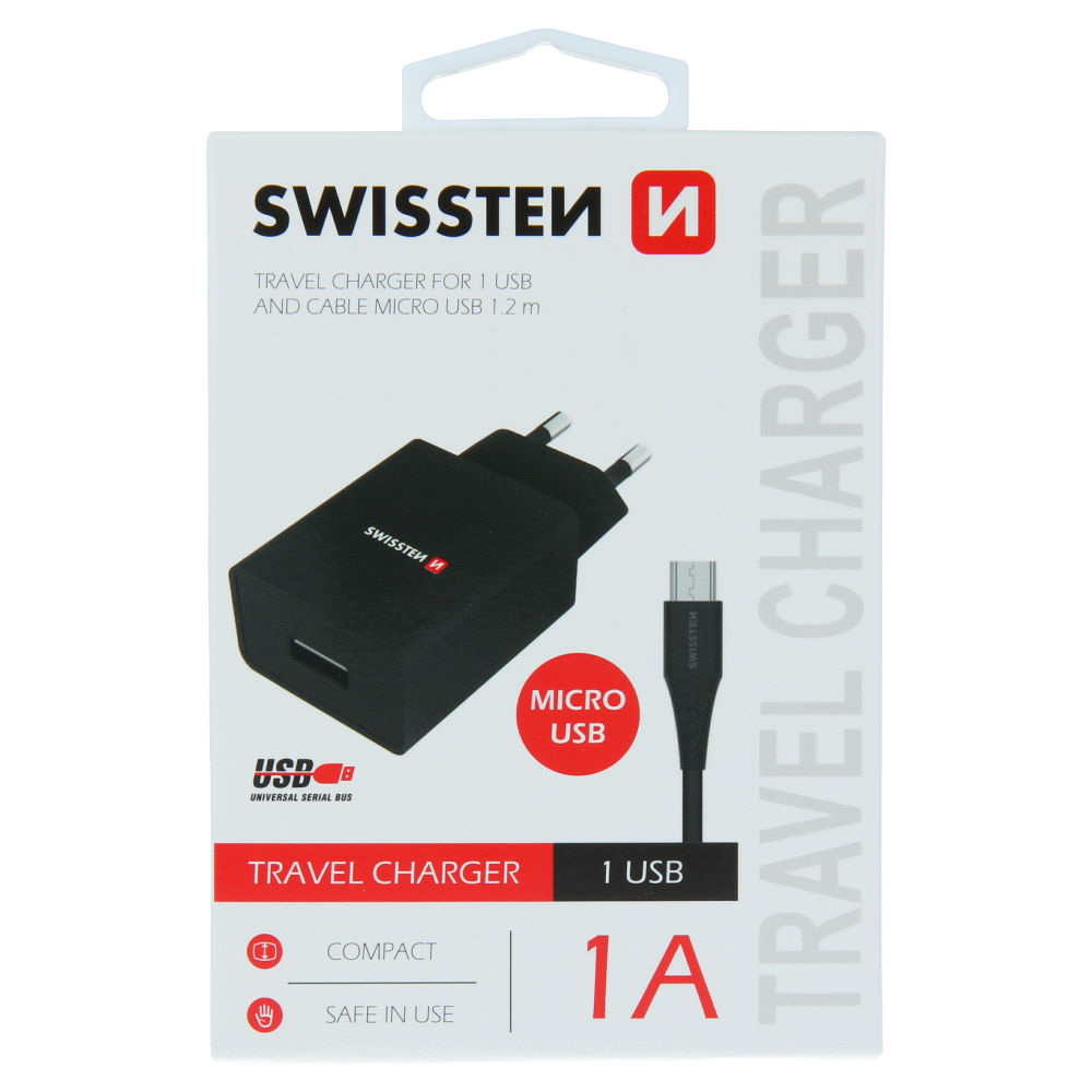 Swissten Travel Adapter Smart IC 1X USB 1A Power + Cablu de date USB / Micro USB 1,2 M Negru thumb