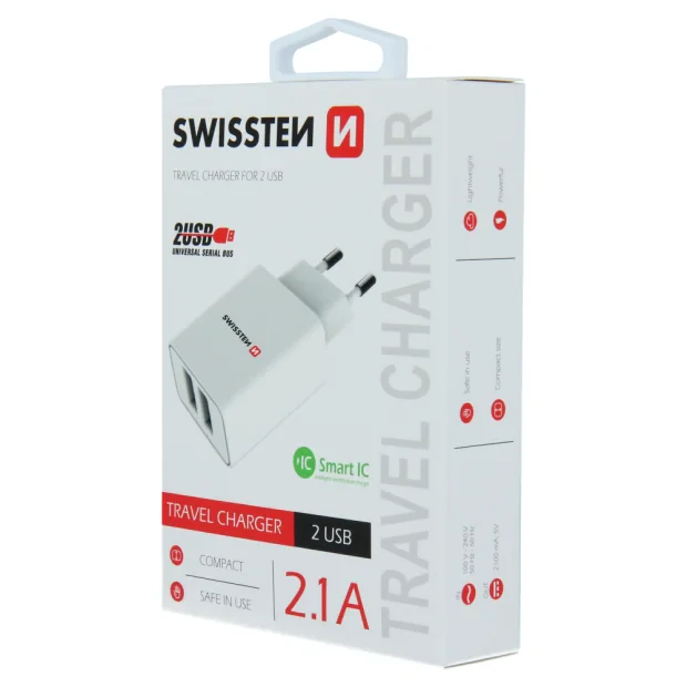 Swissten Travel Adapter Smart IC 2X USB 2.1A Power Alb