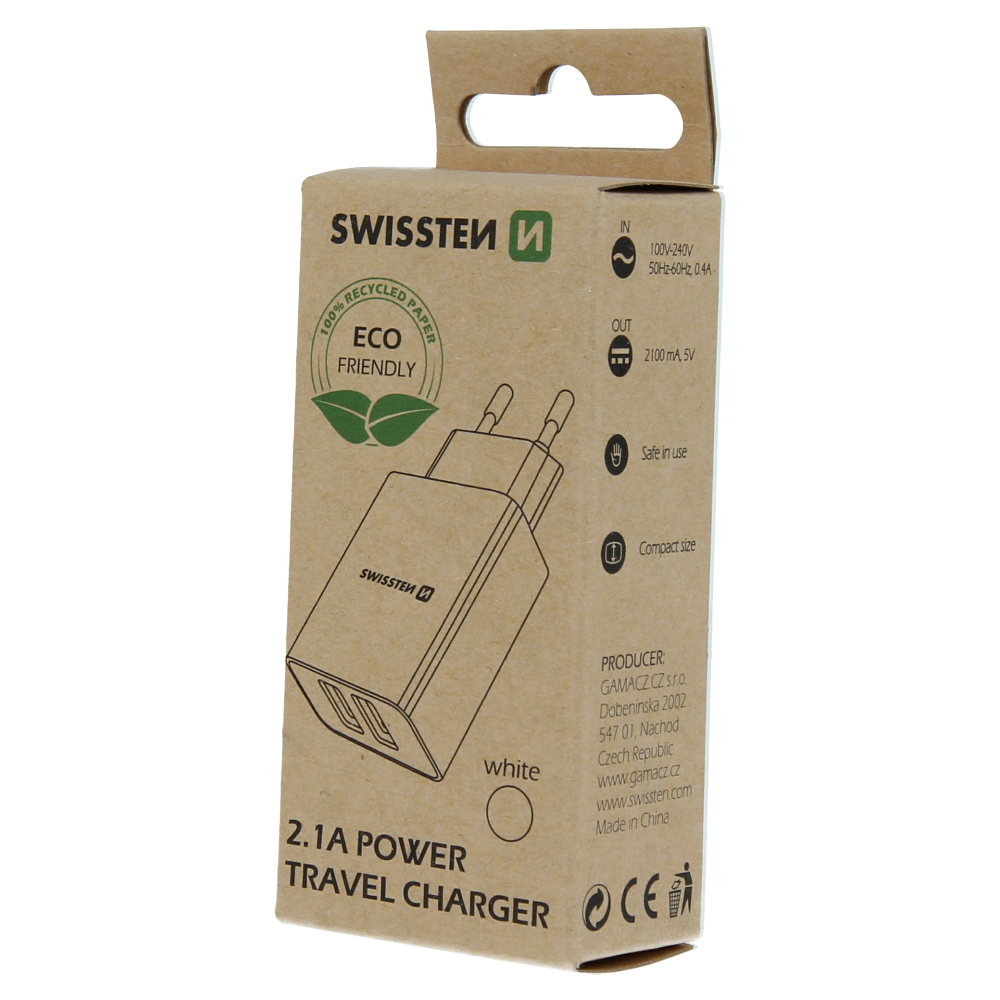Swissten Travel Adapter Smart IC 2X USB 2.1A Power Alb (pachet Eco) thumb