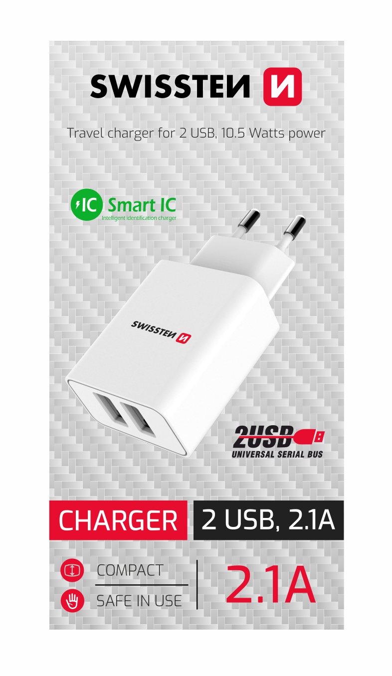 Swissten Travel Adapter Smart IC 2X USB 2.1A Power Alb  thumb