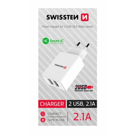 Swissten Travel Adapter Smart IC 2X USB 2.1A Power Alb 