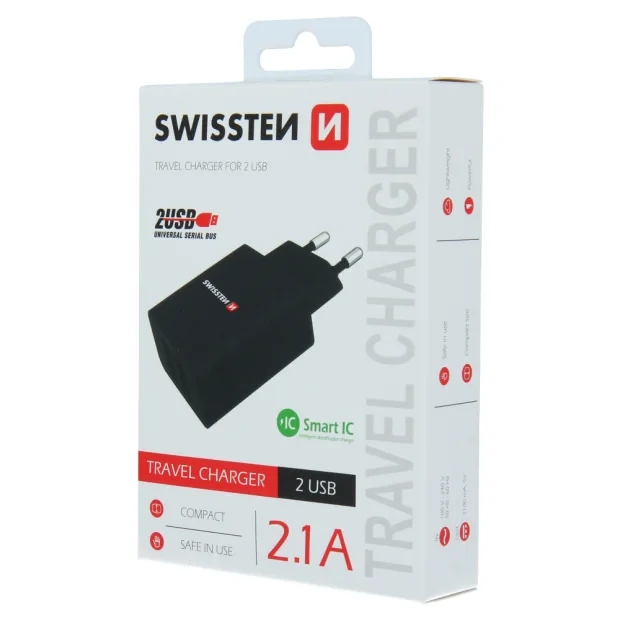 Swissten Travel Adapter Smart IC 2X USB 2.1A Power Negru