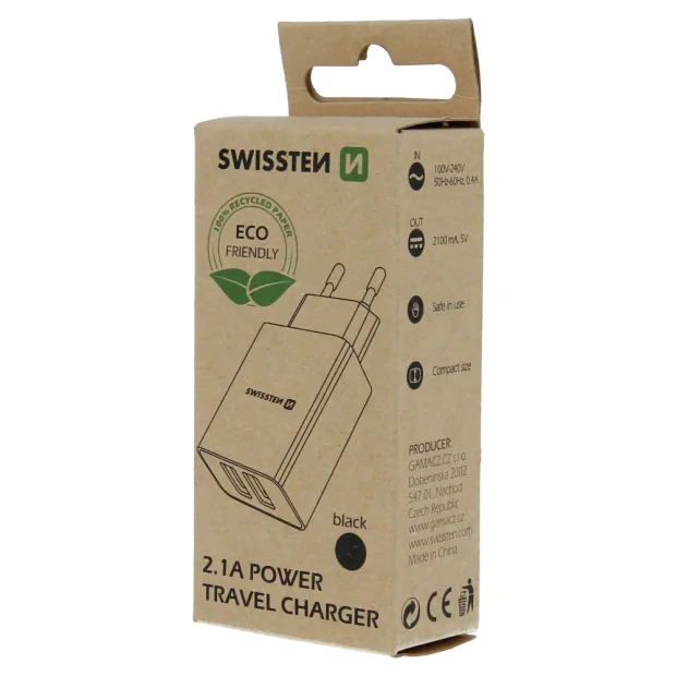 Swissten Travel Adapter Smart IC 2X USB 2,1A Power Negru (pachet eco)