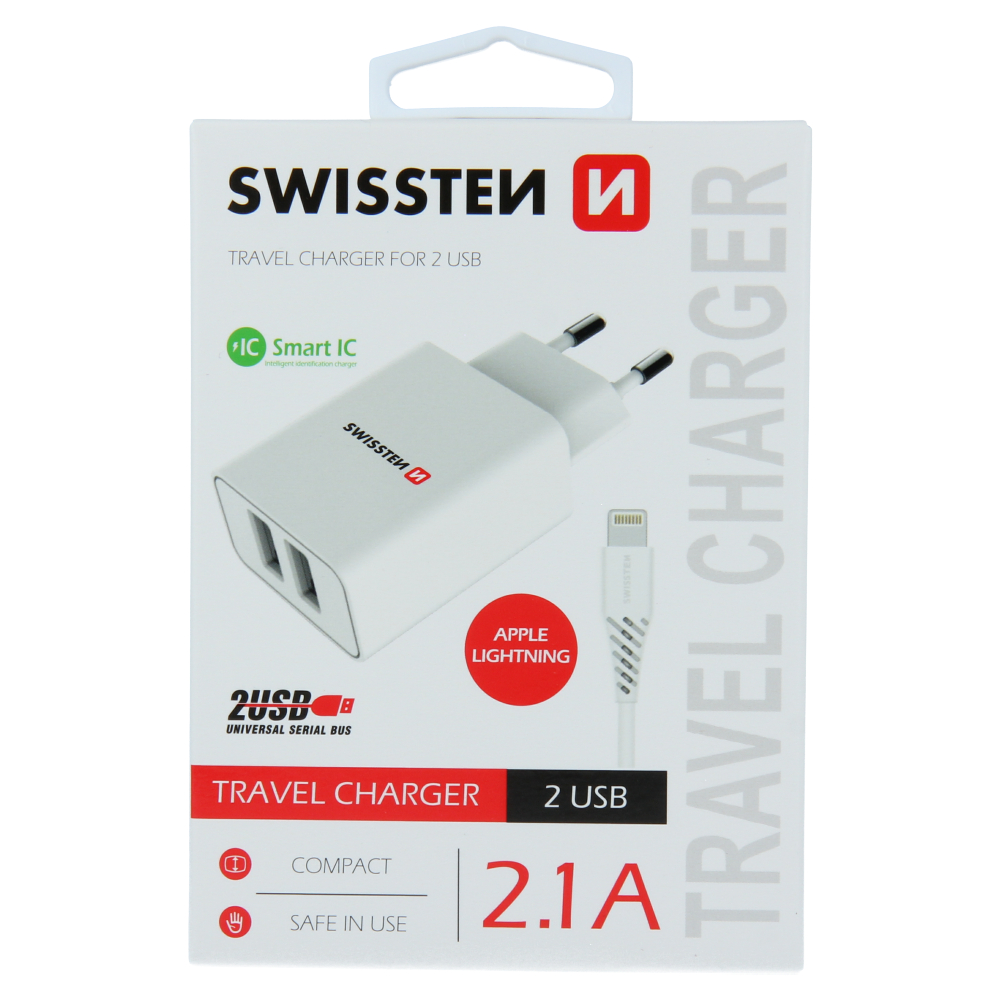 Swissten Travel Adapter Smart IC 2X USB 2.1A Power + Cablu de date USB / Lightning 1,2 m Alb thumb