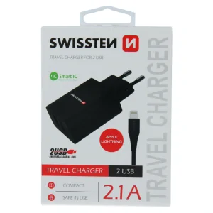 Swissten Travel Adapter Smart IC 2X USB 2.1A Power + Cablu de date USB / Lightning 1,2 M Negru