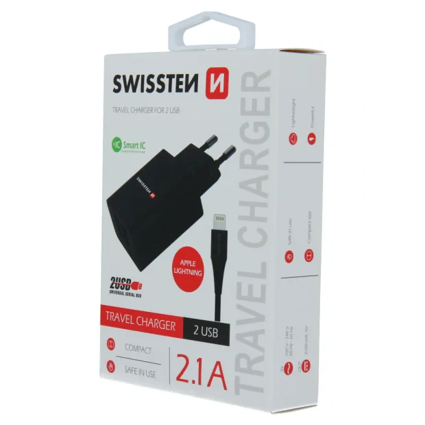 Swissten Travel Adapter Smart IC 2X USB 2.1A Power + Cablu de date USB / Lightning 1,2 M Negru