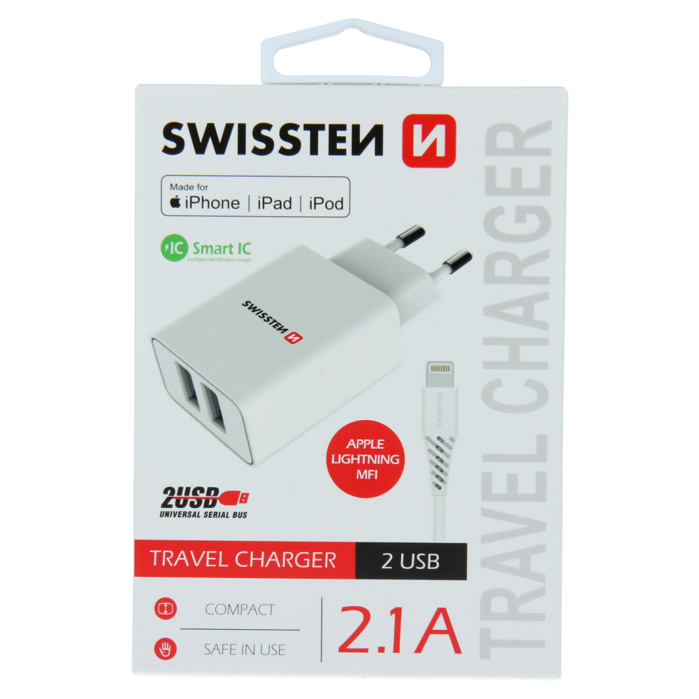 Swissten Travel Adapter Smart IC 2X USB 2.1A Power + Date Cablu USB / Lightning MFI 1,2 M Alb thumb