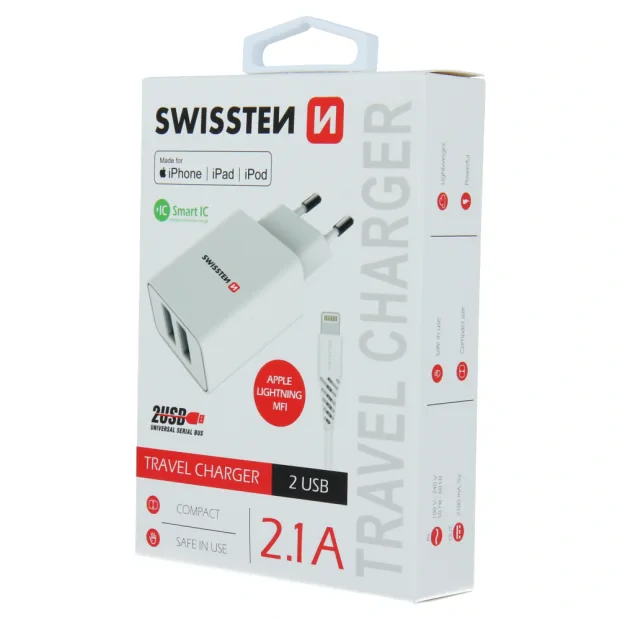 Swissten Travel Adapter Smart IC 2X USB 2.1A Power + Date Cablu USB / Lightning MFI 1,2 M Alb