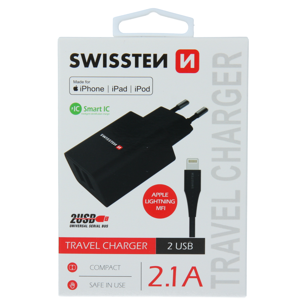 Swissten Travel Adapter Smart IC 2x USB 2.1A Power + Date Cablu USB / Lightning MFI 1,2 M Negru thumb