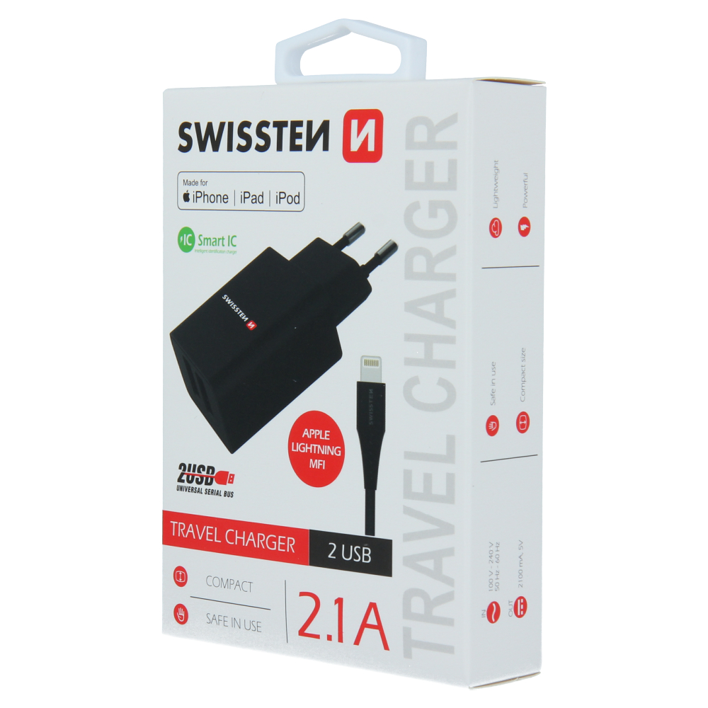Swissten Travel Adapter Smart IC 2x USB 2.1A Power + Date Cablu USB / Lightning MFI 1,2 M Negru thumb