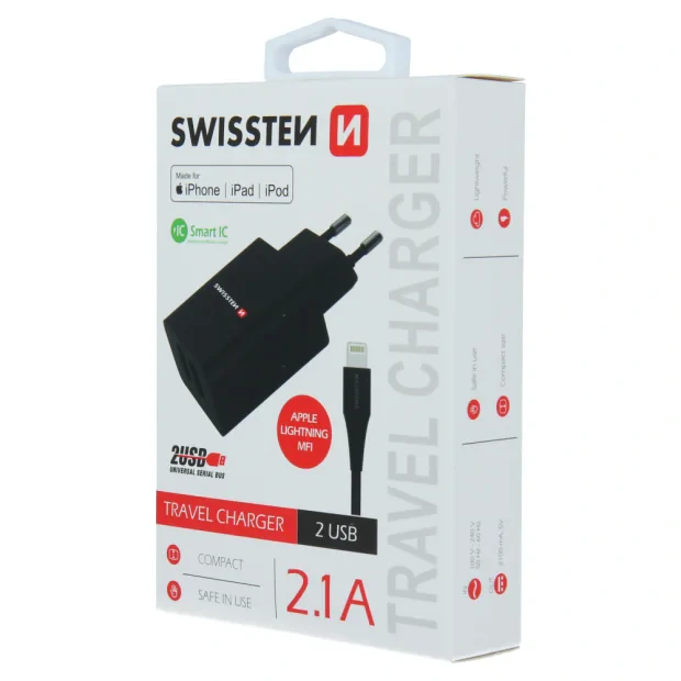 Swissten Travel Adapter Smart IC 2x USB 2.1A Power + Date Cablu USB / Lightning MFI 1,2 M Negru