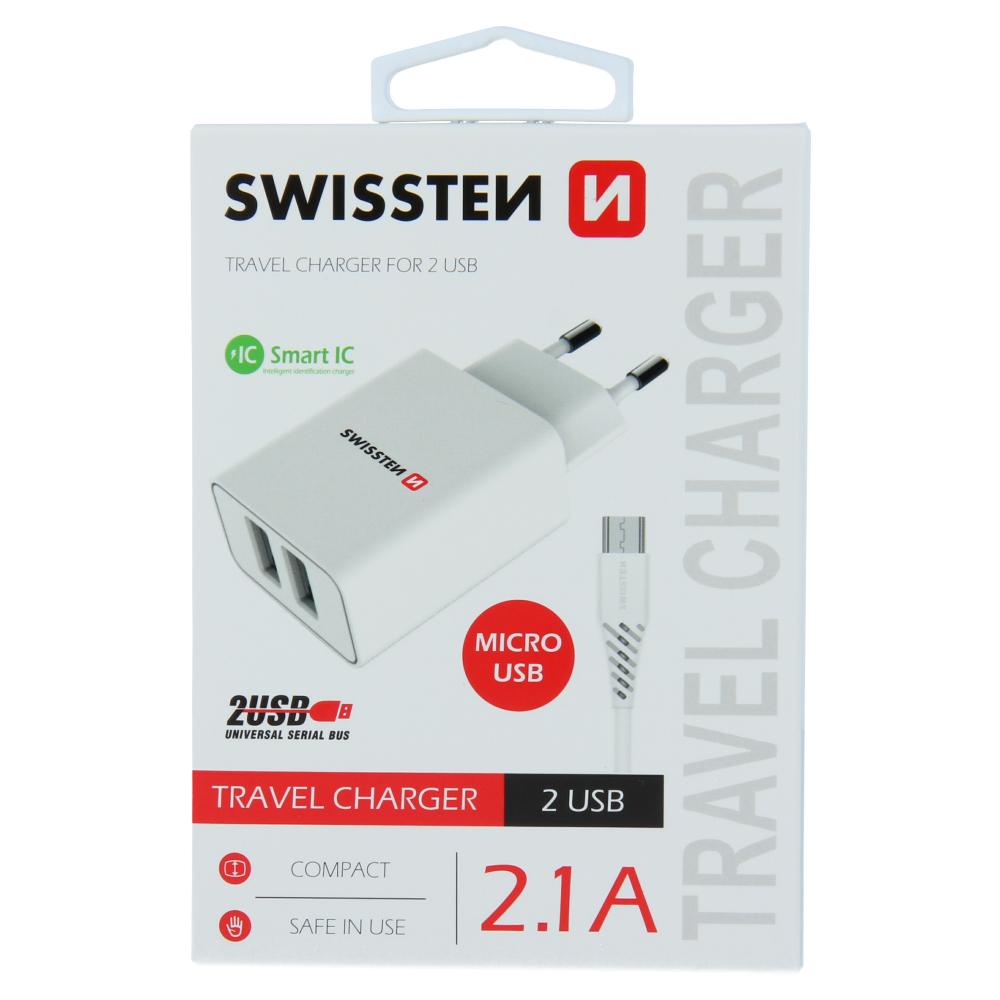 Swissten Travel Adapter Smart IC 2X USB 2.1A Power + Cablu de date USB / Micro USB 1,2 M Alb thumb