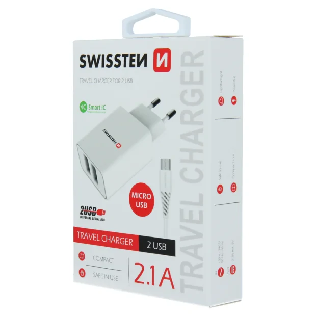 Swissten Travel Adapter Smart IC 2X USB 2.1A Power + Cablu de date USB / Micro USB 1,2 M Alb