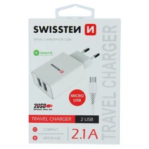 Swissten Travel Adapter Smart IC 2X USB 2.1A Power + Cablu de date USB / Micro USB 1,2 M Alb