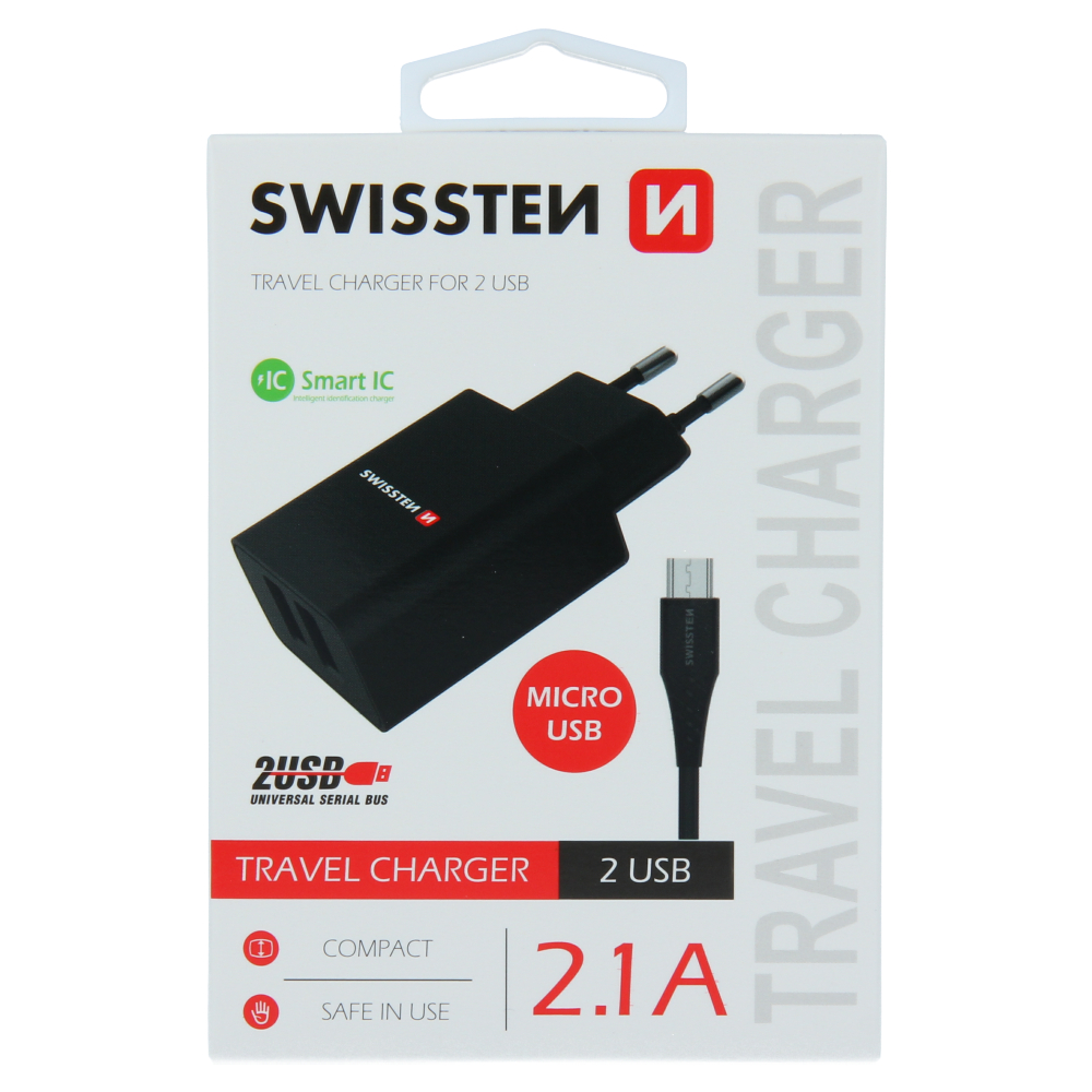 Swissten Travel Adapter Smart IC 2X USB 2.1A Power + Data Cablu USB / Micro USB 1,2 M Negru thumb