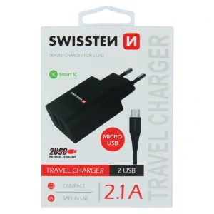 Swissten Travel Adapter Smart IC 2X USB 2.1A Power + Data Cablu USB / Micro USB 1,2 M Negru