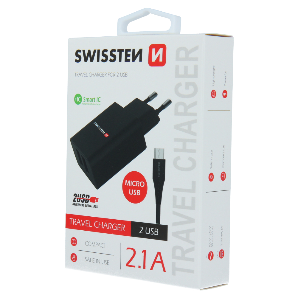 Swissten Travel Adapter Smart IC 2X USB 2.1A Power + Data Cablu USB / Micro USB 1,2 M Negru thumb