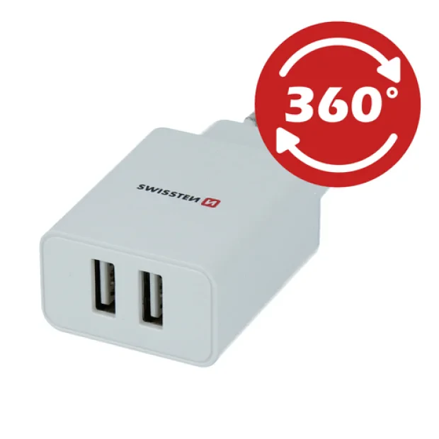 Swissten Travel Adapter Smart IC 2X USB 2.1A Power + Cablu de date USB / Type C 1.2 M Alb