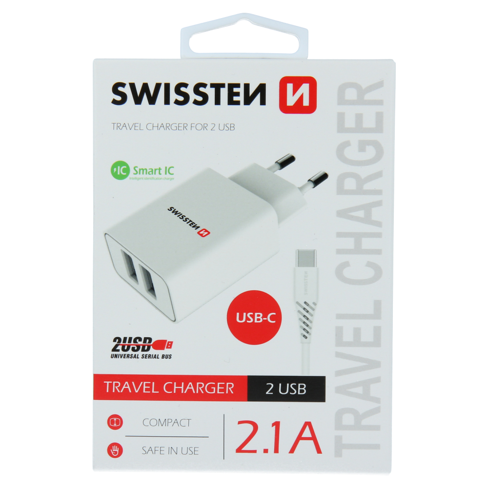 Swissten Travel Adapter Smart IC 2X USB 2.1A Power + Cablu de date USB / Type C 1.2 M Alb thumb