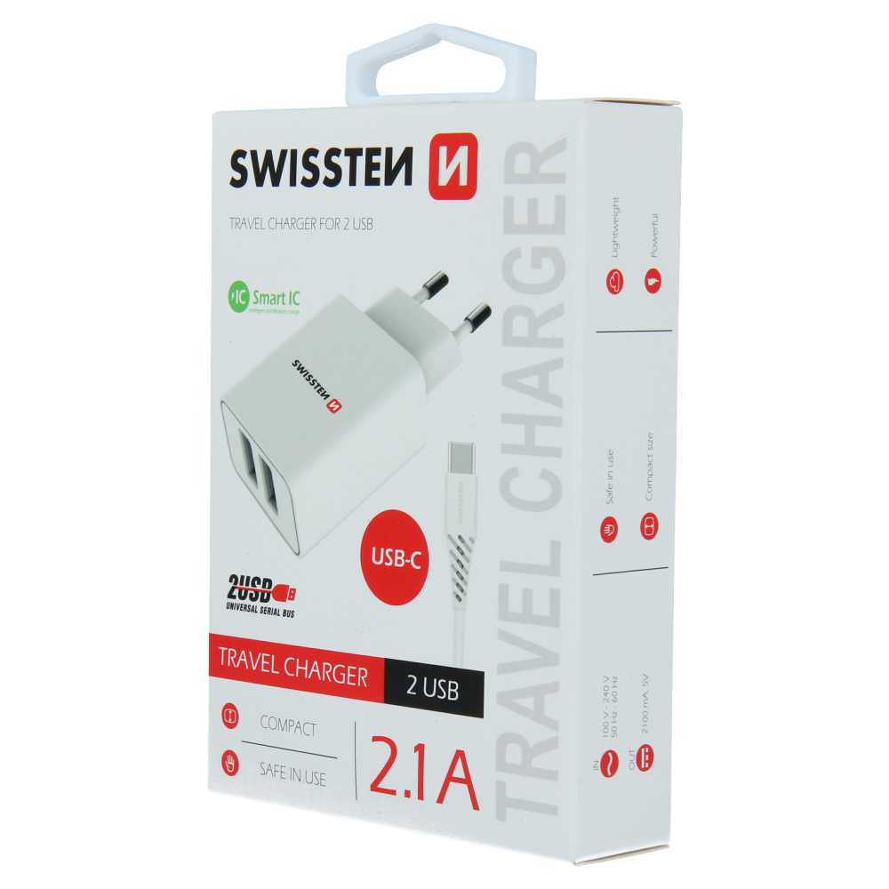 Swissten Travel Adapter Smart IC 2X USB 2.1A Power + Cablu de date USB / Type C 1.2 M Alb thumb