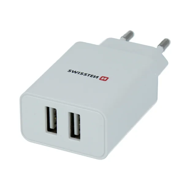 Swissten Travel Adapter Smart IC 2X USB 2.1A Power + Cablu de date USB / Type C 1.2 M Alb