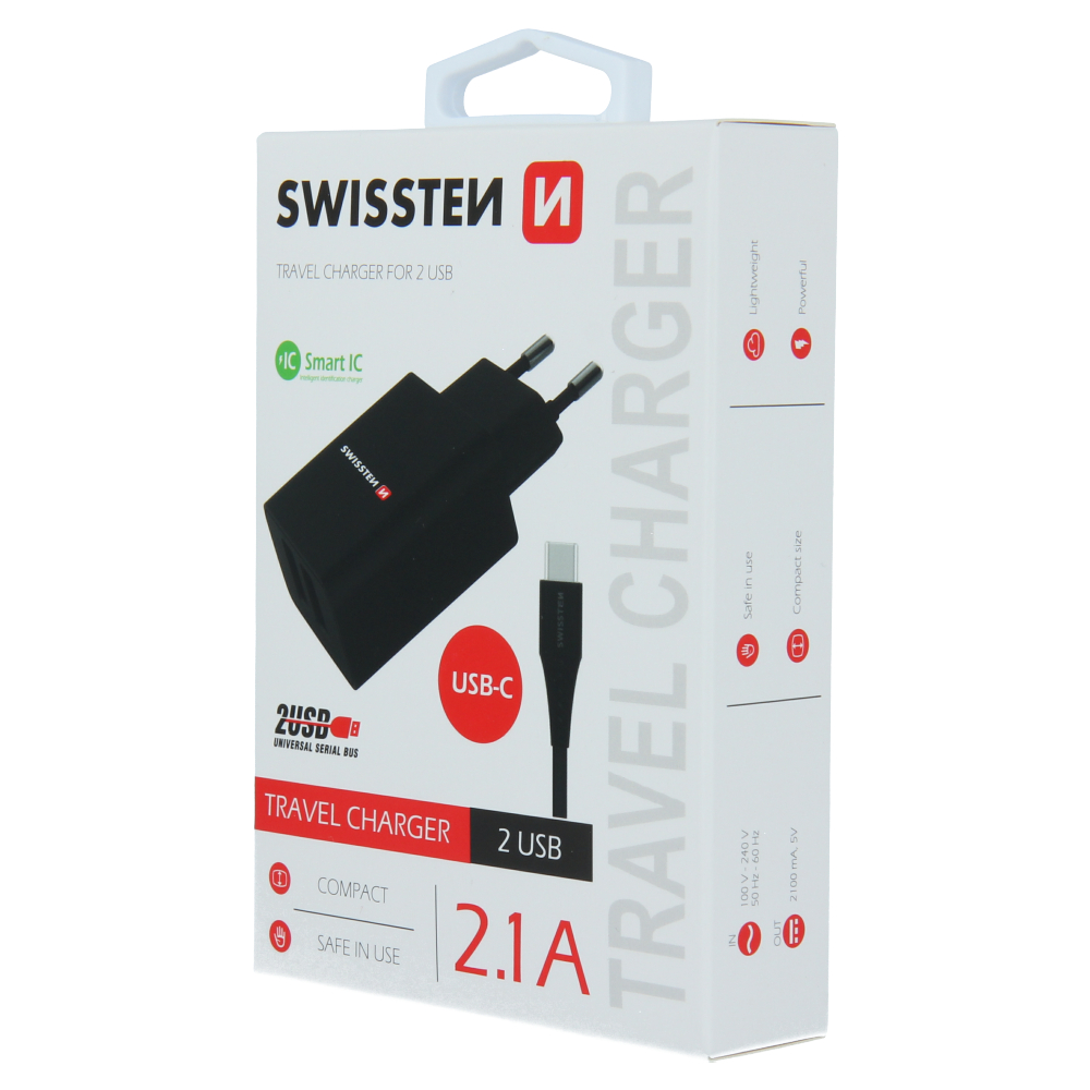 Swissten Travel Adapter Smart IC 2X USB 2,1A Power + Date Cablu USB / Type C 1,2 M Negru thumb