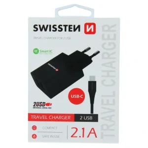 Swissten Travel Adapter Smart IC 2X USB 2,1A Power + Date Cablu USB / Type C 1,2 M Negru